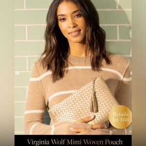 VIRGINIA WOLF Mimi Woven Clutch Bag Pouch Gold Vegan Metallic Leather Tassel NWT